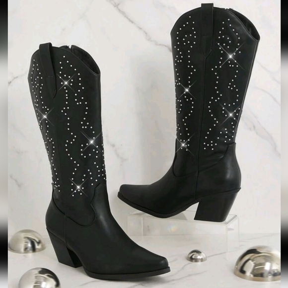 Women's Studded Black Western Mid-Calf Boots–Pointed-Toe Design With Block Heel - Picture 1 of 6